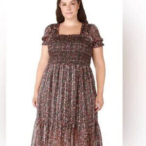 NWT Dex Tinsley Smocked BOHO Black Pink Gold Midi Dress Sheer Puff Sleeves, sz X